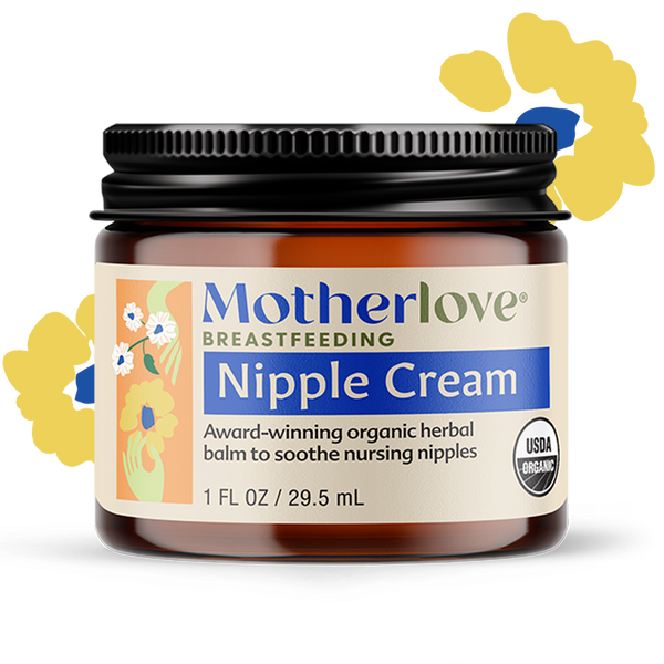 Jar of Motherlove Nipple Cream with decorative elements on a white background