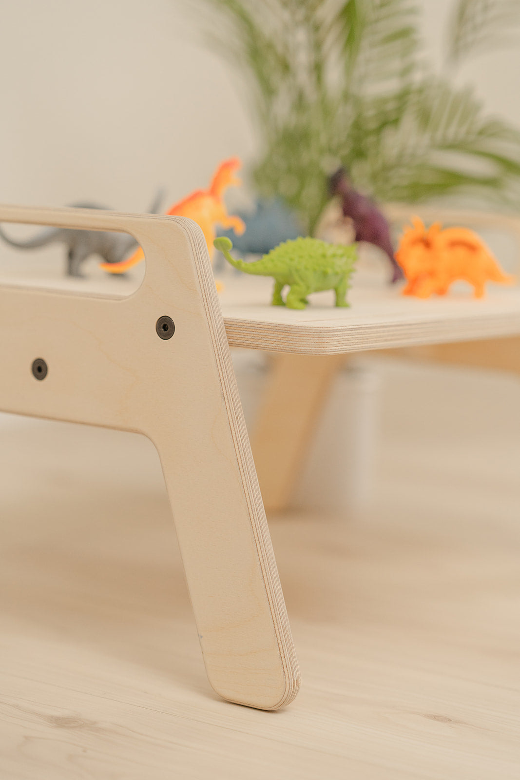 Blueberry and Third Play Tray low floor table in natural Baltic birch, designed for babies and toddlers to sit at floor height for snacks and play, made in the USA