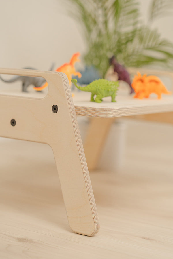Blueberry and Third Play Tray low floor table in natural Baltic birch, designed for babies and toddlers to sit at floor height for snacks and play, made in the USA