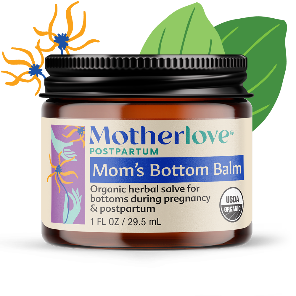 Jar of Motherlove Mom's Bottom Balm with decorative elements on a white background