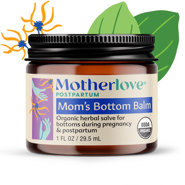 Jar of Motherlove Mom's Bottom Balm with decorative elements on a white background