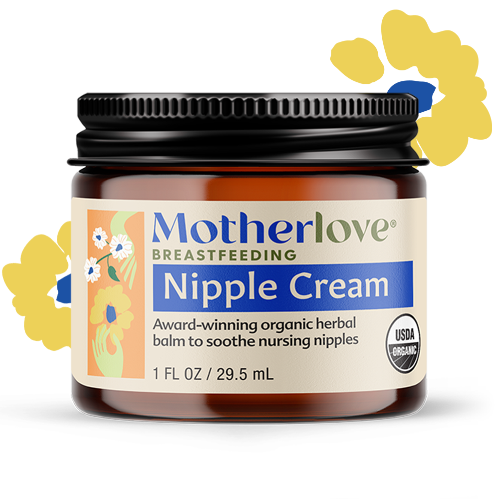 Jar of Motherlove Nipple Cream with decorative elements on a white background