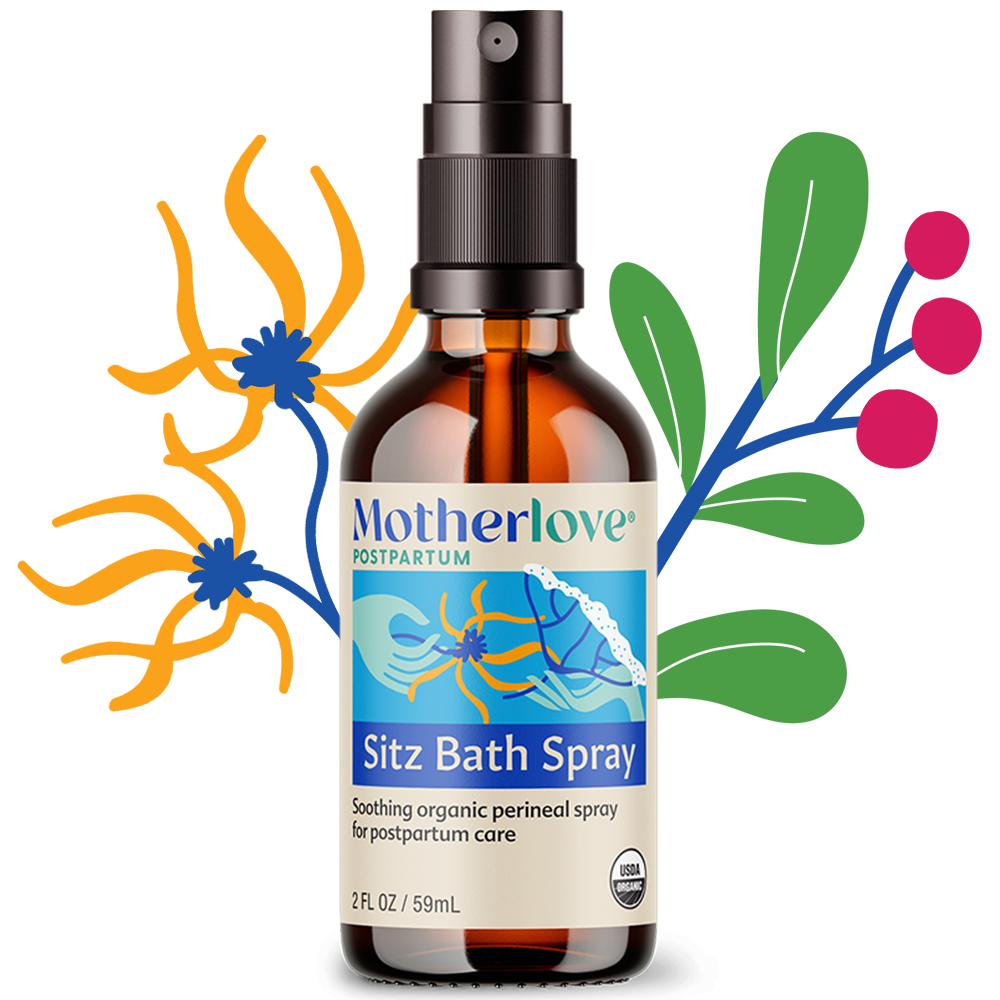 Motherlove Sitz Bath Spray bottle with decorative elements on a white background