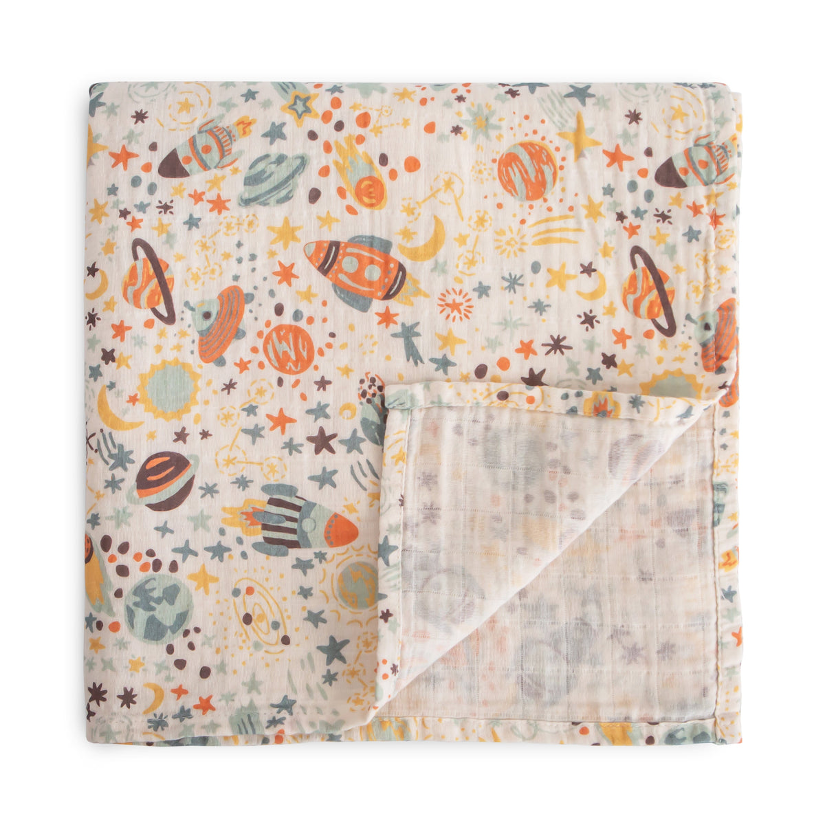 A folded baby blanket or swaddle with a colorful outer print featuring planets, rockets, stars, and moons on a cream background, with a plain muslin backing visible on the folded corner.