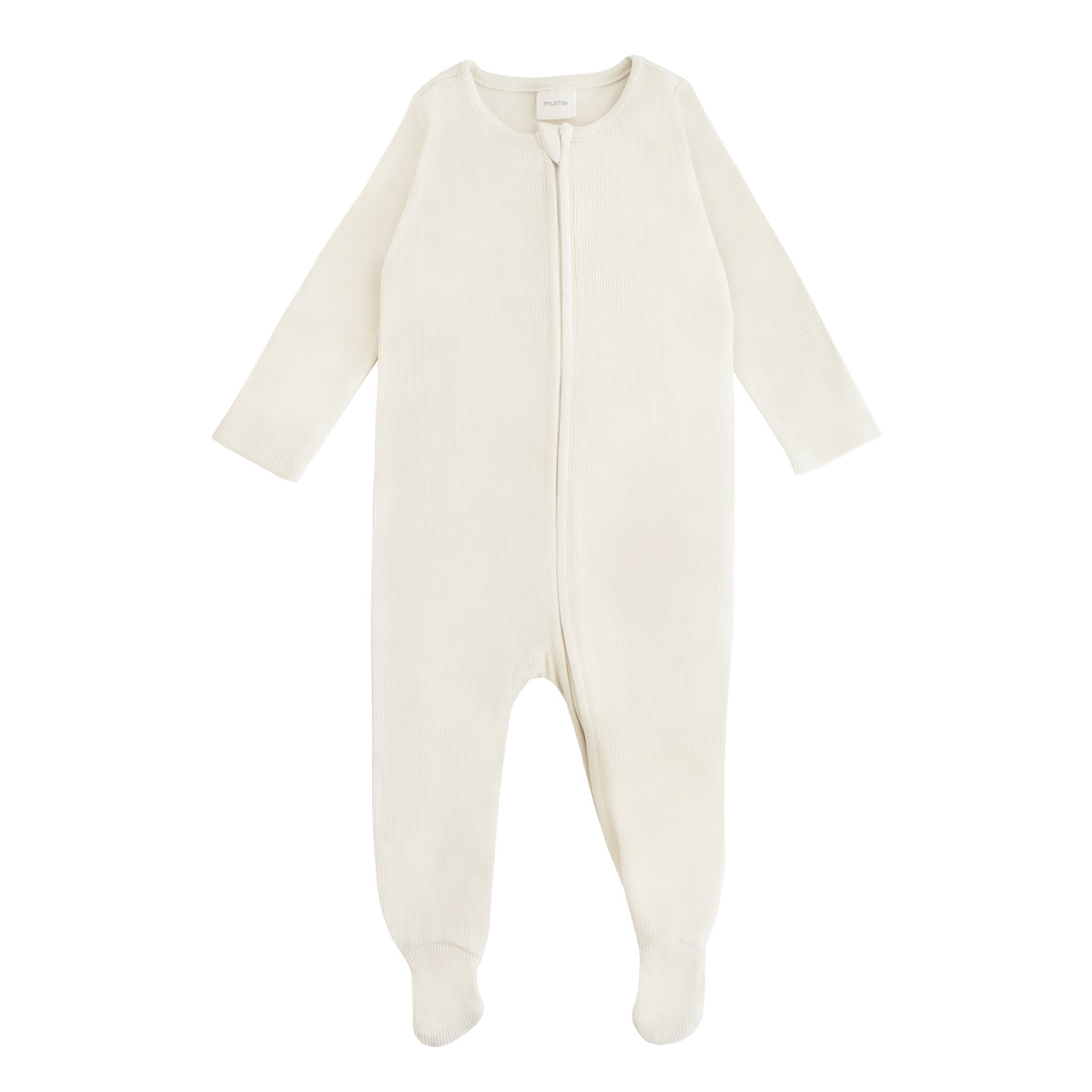 The mushie Zipper Pajama is a cream-colored, long-sleeve onesie with covered feet and a front zipper—perfect cozy footed pajamas or comfy organic cotton sleepwear for babies.